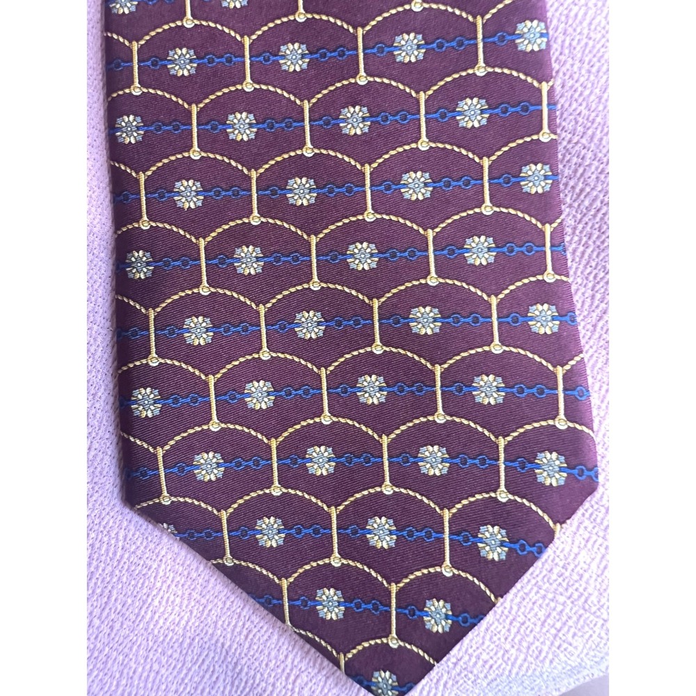 Tom James Mens Silk Tie Burgundy Gold Blue Geometric Chain Floral Pattern